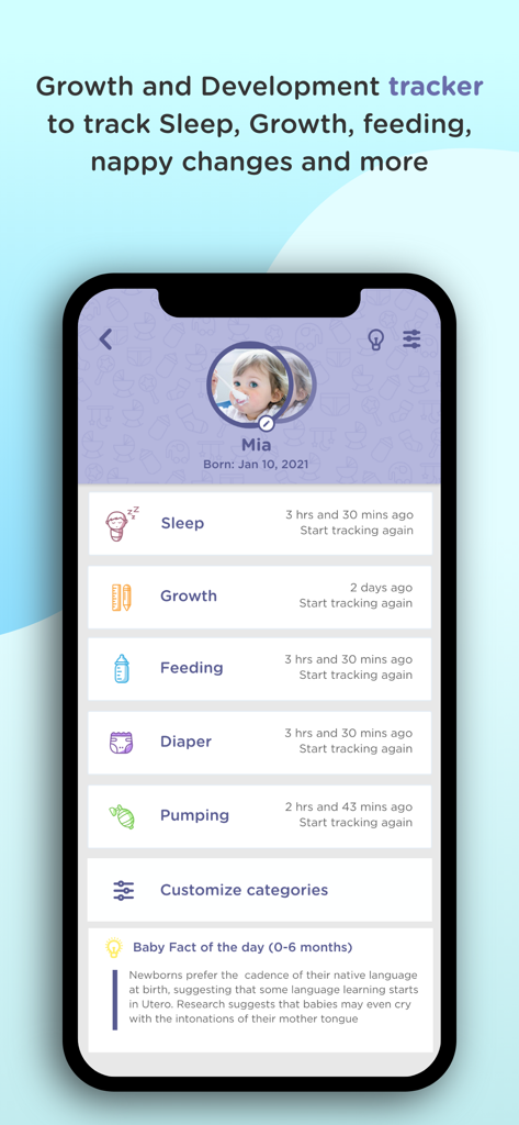 HubbleClub by Hubble Connected - HubbleClub app screen showing trackers for baby sleep growth feeding and health data