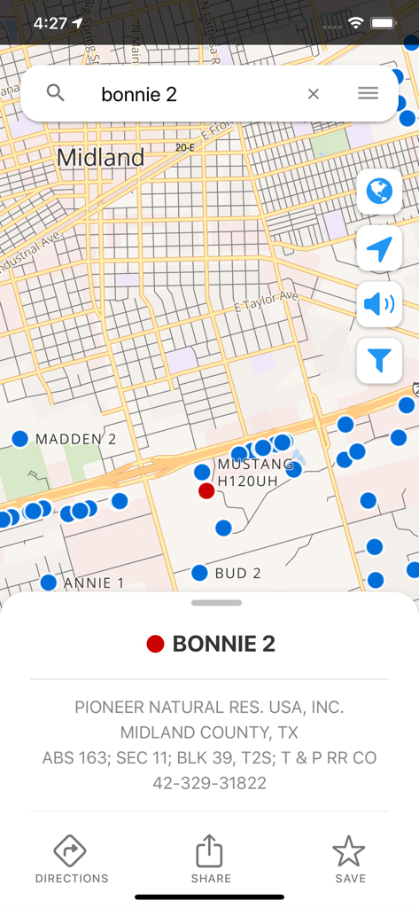 Petro Path - Map view in Petro Path app showing oil well locations and site details for Bonnie 2 in Midland Texas