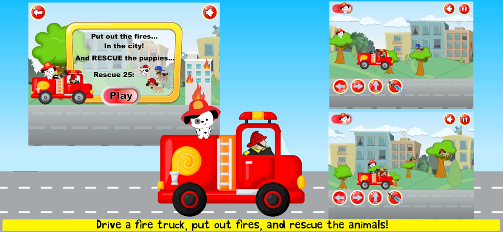 Gameplay of a fireman rescue game showing a red fire truck and a dalmatian puppy on a mission to put out city fires