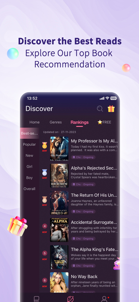 The Discover screen of the YumRead app displaying top book rankings for trending romance and werewolf stories