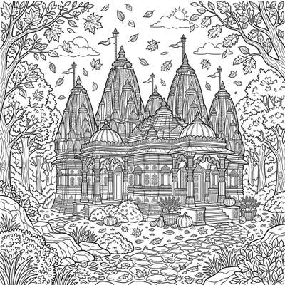 Immerse yourself in the breathtaking beauty of a Jain Temple, intricately designed and set within a serene autumn landscape. This unique coloring page offers a rich blend of spiritual heritage and seasonal charm, perfect for creative minds.