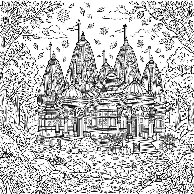Immerse yourself in the breathtaking beauty of a Jain Temple, intricately designed and set within a serene autumn landscape. This unique coloring page offers a rich blend of spiritual heritage and seasonal charm, perfect for creative minds.