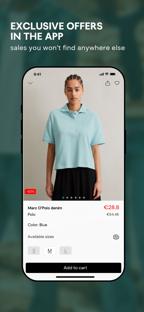 Screenshot of the INTERTOP shopping app displaying a Marc O'Polo denim polo shirt with a 50 percent discount and a promotional banner for exclusive app offers.