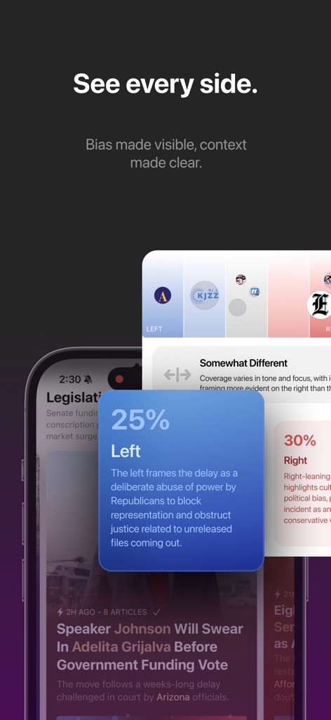 Particle app interface showing a news story with a political bias spectrum chart and multi-perspective summaries.