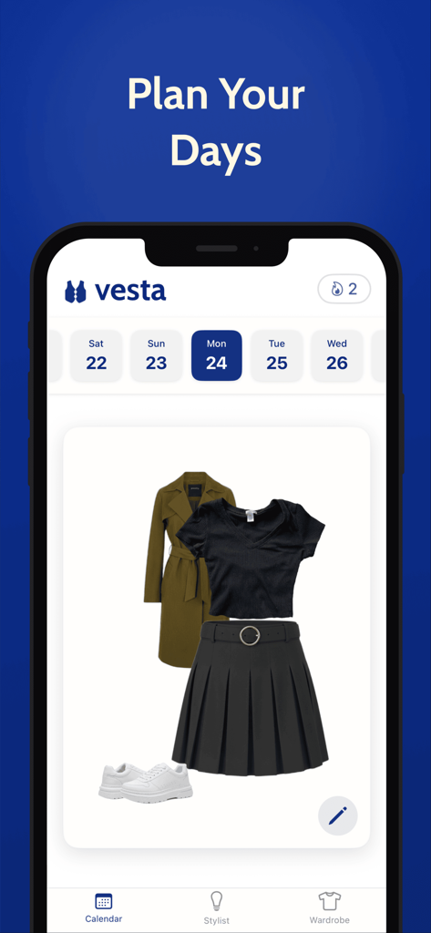 Vesta app interface showing a planned daily outfit with a green trench coat and black pleated skirt