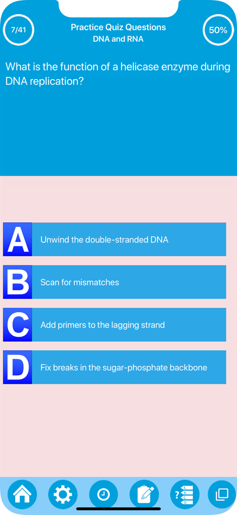 A mobile app interface showing a multiple choice biology practice quiz question about DNA and RNA