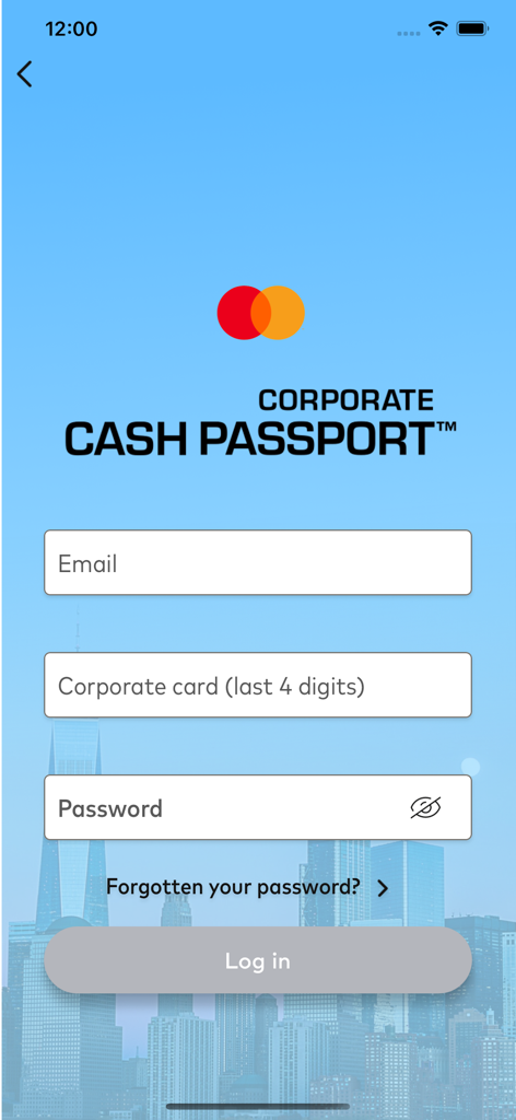 Corporate Cash Passport - Login screen for the Corporate Cash Passport app with fields for email and corporate card details.