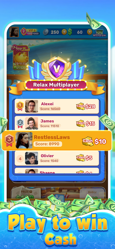 Solitaire Riches:Win Cash - Tabla de clasificación multijugador en Solitaire Riches que muestra las clasificaciones de los jugadores y las recompensas en efectivo reales.