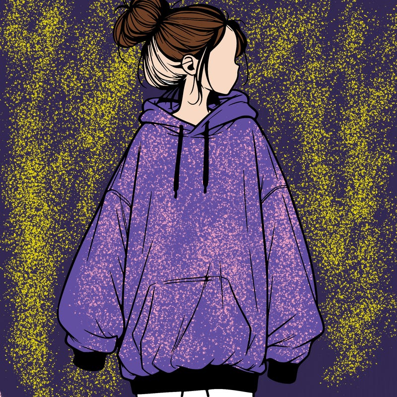 realistic girl with a oversized sweatshirt on and a bun