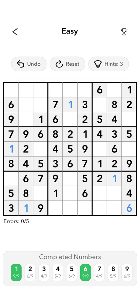 Soku - Sudoku Classic - Soku Sudoku Classic gameplay screenshot showing an easy level puzzle grid with progress tracking and clean minimalist UI