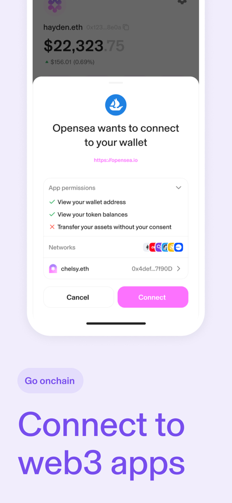 Uniswap Wallet-Oberfläche, die eine Verbindungsanfrage von OpenSea zum Verbinden mit der Krypto-Wallet eines Benutzers anzeigt.