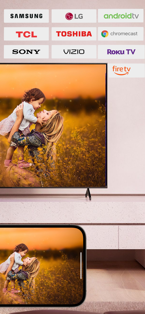 Miracast ®ﾠ - Miracast app showing iPhone screen mirroring a photo to a smart TV with various brand logos like Samsung and Roku.