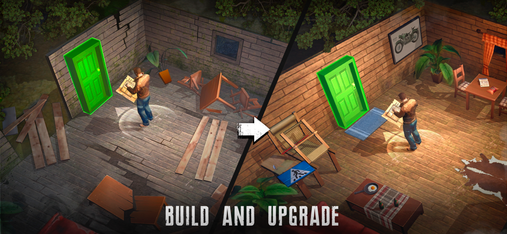 Live or Die: Zombie Survival - Side by side comparison of a survivor upgrading a wooden base from a derelict room to a furnished shelter