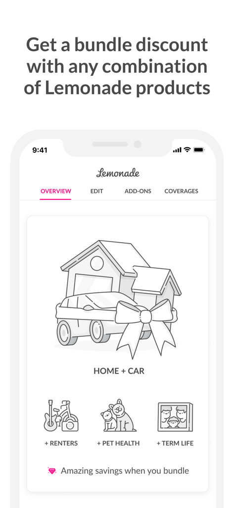 Lemonade Insurance - A Lemonade app screen showing options to bundle home and car insurance with renters, pet health, and term life insurance for savings.