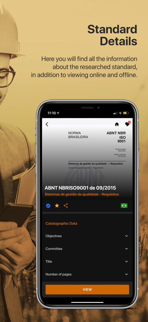 Target GEDWeb - Smartphone displaying ABNT NBR ISO 9001 technical standard details in the Target GEDWeb app.