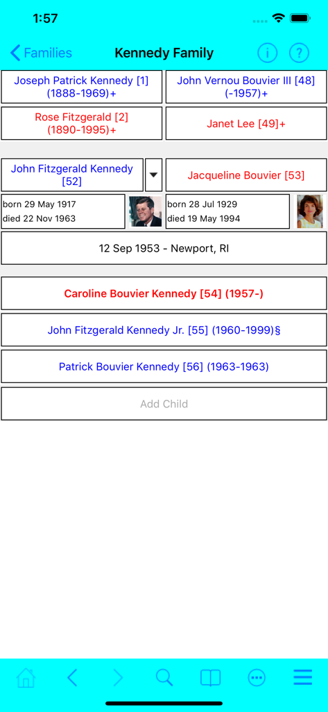 Families - Families app interface showing a family tree view for the Kennedy family including John F. Kennedy and Jacqueline Bouvier with birth and death dates