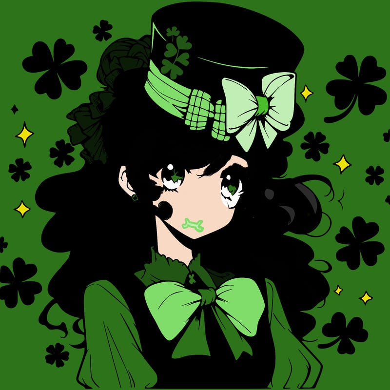a manga-style girl with clovers around her, a little hat in her hair, like it's saint patrick's day
