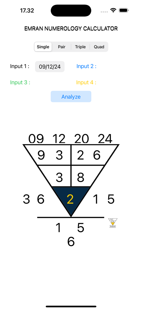 Emran Numerology Calculator - Emran Numerology Calculator app interface showing an inverted triangle chart for personal number analysis