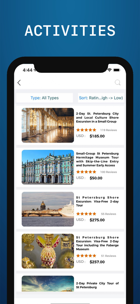 Un elenco di tour culturali ed escursioni via mare nell'app Guida di Viaggio a San Pietroburgo