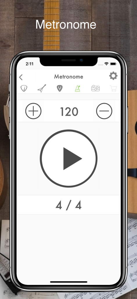 Guitar Tuner: Bass and Ukulele - Recurso de metrônomo no aplicativo afinador de guitarra com configuração de 120 BPM e botão de reprodução