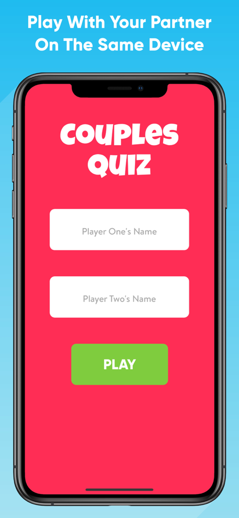 Couples Quiz Relationship Game - Couples Quiz app home screen with name inputs for two players and a play button