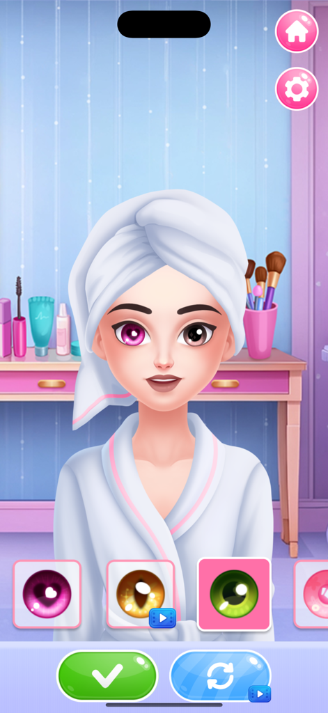 Beauty Salon Girl - Un personaje en un juego de salón de belleza eligiendo entre diferentes opciones de lentes de contacto coloridos durante un cambio de imagen.