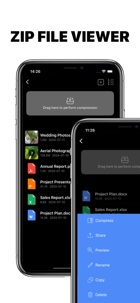 RAR Zip: Unzip File Manager - Interfaz de la aplicación RAR Zip Unzip File Manager mostrando un visor de archivos zip con opciones de gestión de archivos en iPhone