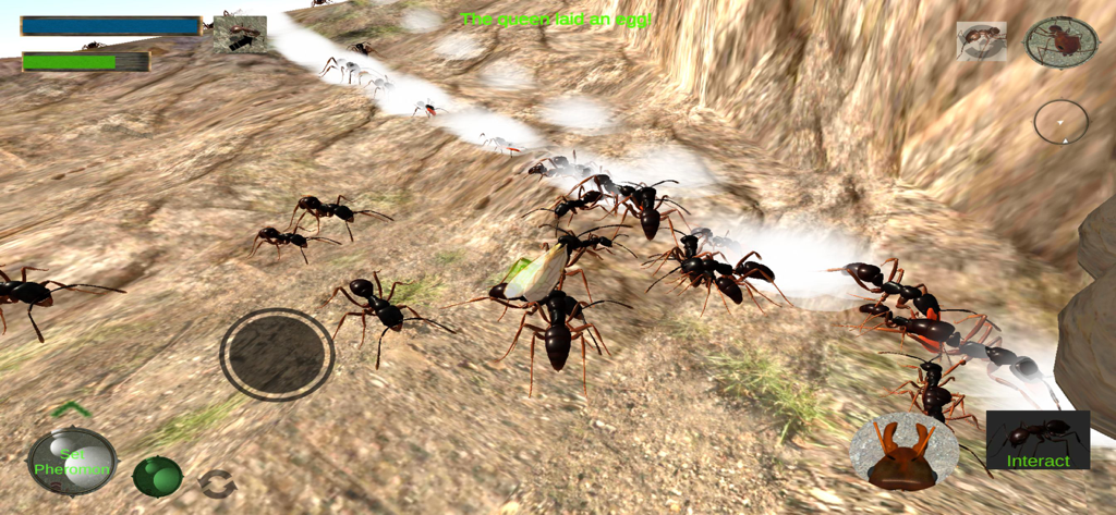 Ant Simulation 3D - Formigas realistas em 3D seguindo uma trilha de feromônio branca em uma encosta de terra em um jogo de simulação de colônia