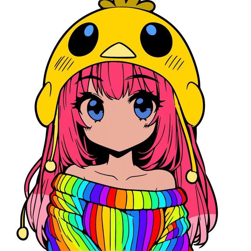 anime girl with chick shaped hat with sweater with bare shoulders with bangs covering them one eye with low tail