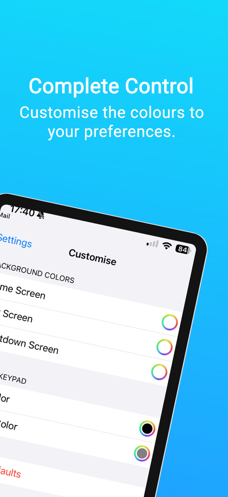 MTC Multiplication Check Pro - Pantalla de configuración de la aplicación MTC Multiplication Check Pro que muestra opciones para personalizar el fondo y los colores del teclado