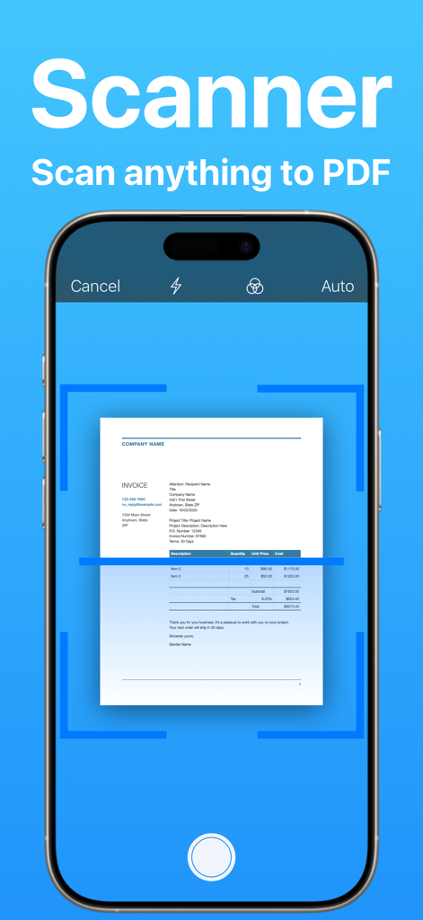 PDF: Reader, Scanner, Editor - Interfaz de iPhone que muestra un documento siendo escaneado a PDF con una aplicación de escáner móvil.