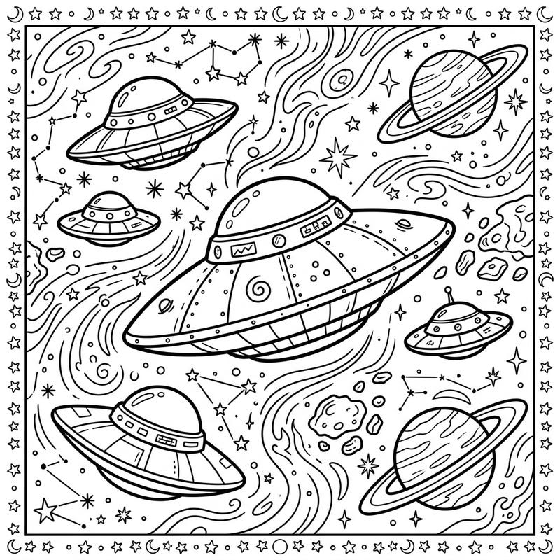 Blast off into an out-of-this-world coloring experience with this page featuring a fleet of classic saucer-shaped UFOs. Explore a whimsical cosmic scene filled with planets, stars, and swirling galaxies, ready for your creative touch.