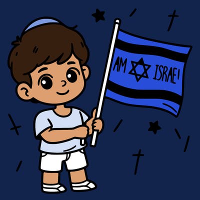 a boy holding a israel flag saying am israel chai