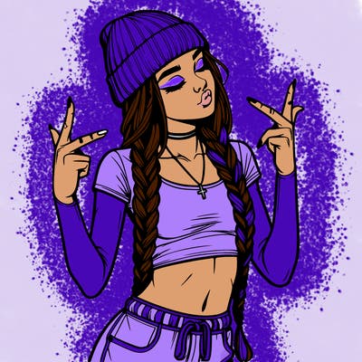 realistic teenage girl with braids and a beanie and crop top doing 🫶🏼