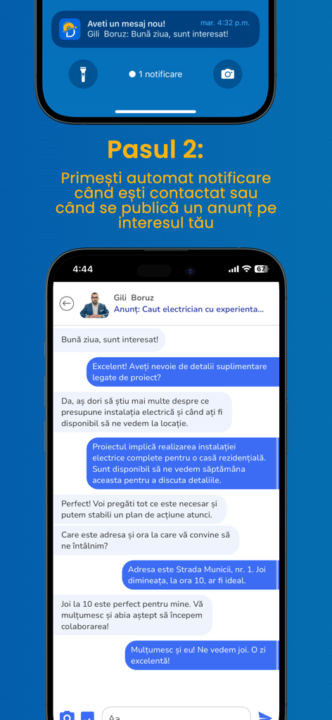 Interfaz de la app DeLucru mostrando una notificación de mensaje nuevo y una conversación de chat dentro de la app entre un cliente y un proveedor de servicios.
