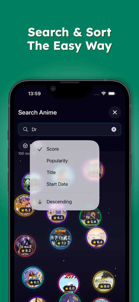Search and sort interface for the Animekai app displaying anime as stars in a galaxy