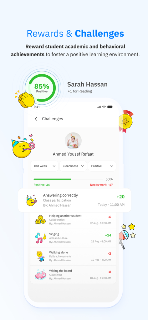 Schoolvoice - Your School App - Mobile app interface of Schoolvoice showing student reward points and behavioral achievement tracking