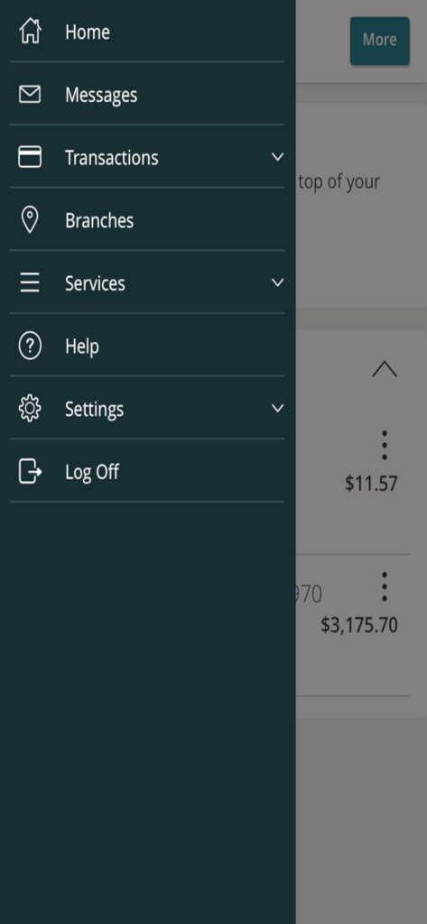 Seitenleisten-Navigationsmenü der Bank of Guam Mobile-Banking-App mit Konto- und Dienstleistungsoptionen