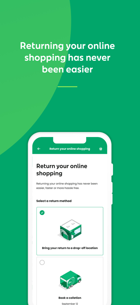 An Post: Track & Manage - An Post app interface showing options to return online shopping via drop-off or collection booking