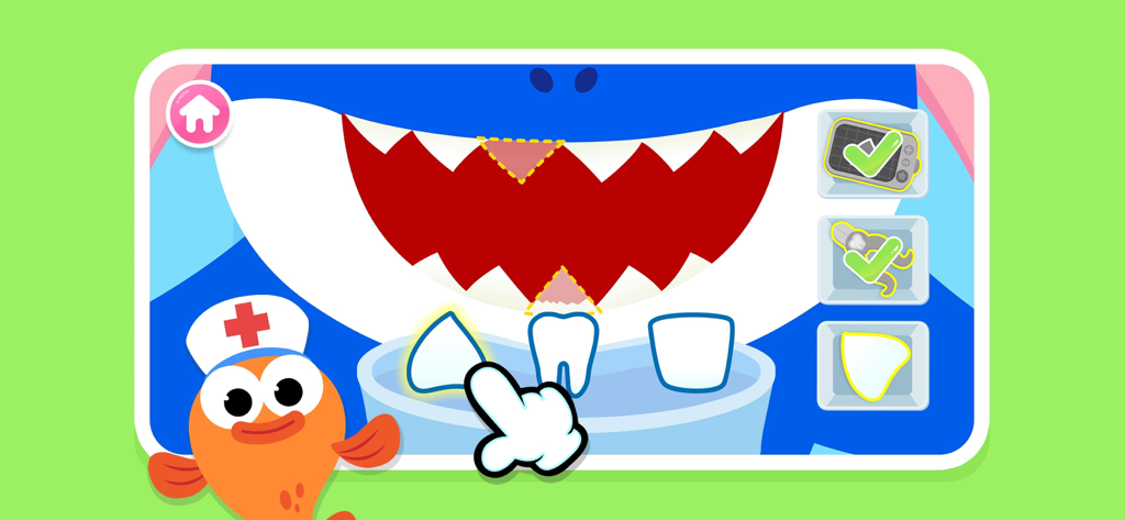 Baby Shark Dentist Play: Game - Una captura de pantalla del juego Baby Shark Dentista mostrando una actividad de emparejar formas de dientes para un personaje de tiburón.