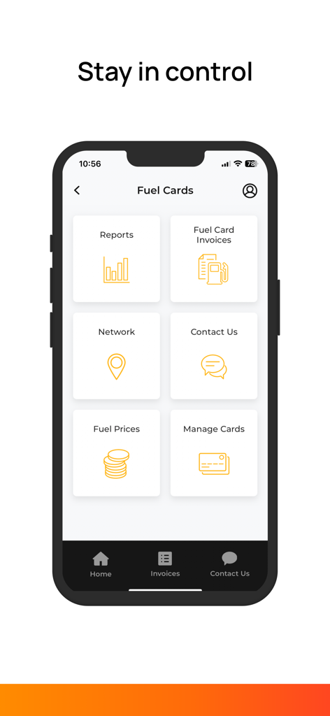 Radius Velocity app fuel card management dashboard showing reports invoices and card controls
