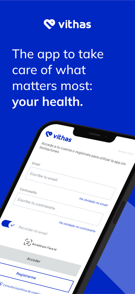 Tela de login do aplicativo médico Vithas exibindo campos de e-mail e senha para acesso do paciente