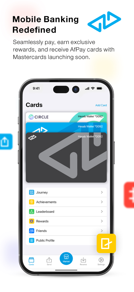 HesabPay - HesabPay app interface showing digital wallet cards and user rewards menu