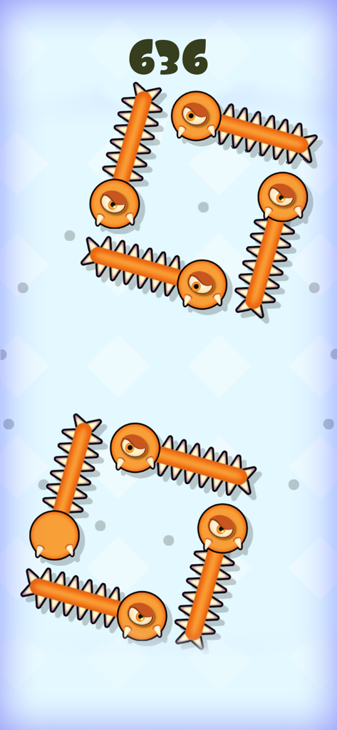 Pantalla de juego de Mmm Fingers con monstruos anaranjados y con púas y una puntuación de 636