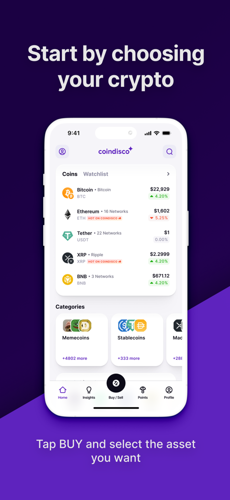 Coindisco mobile app screen showing a list of cryptocurrencies like Bitcoin and Ethereum with current prices and categories