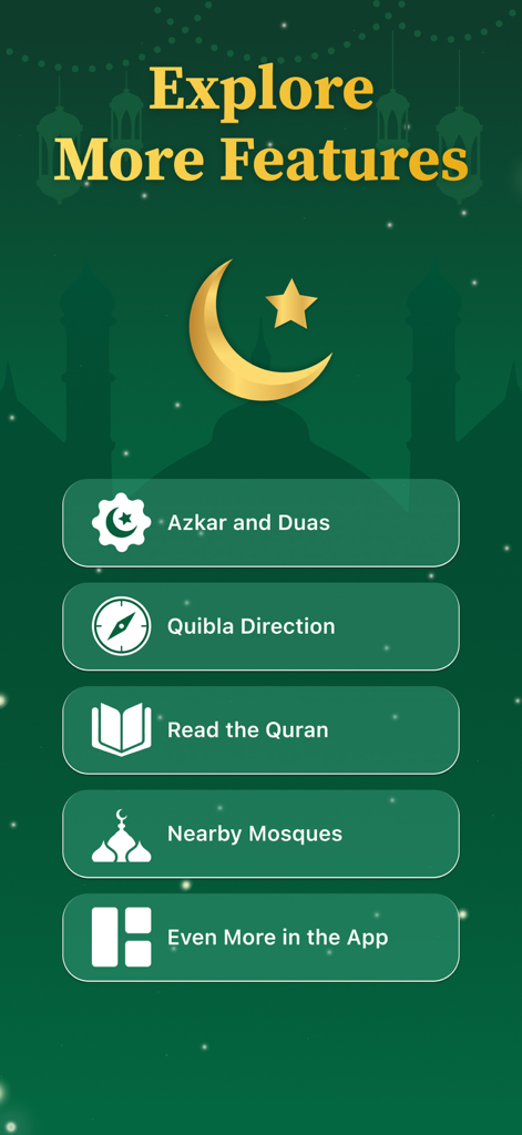 A list of Islamic app features including Azkar, Quibla direction, Quran reading, and nearby mosques on a green background
