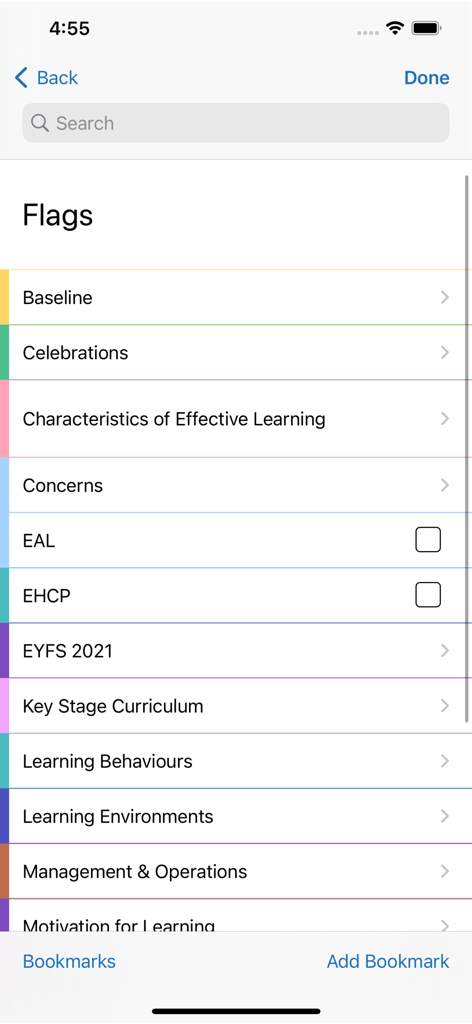 A list of educational assessment flags and categories within the Tapestry Journal app interface.