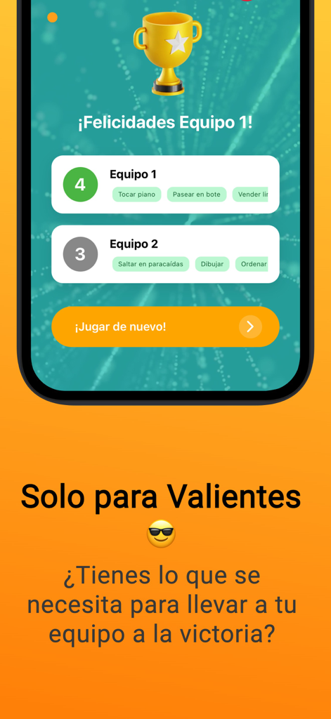 Mímica x Tomanji - Scoreboard screen in Mimica x Tomanji app showing Team 1 winning with four points over Team 2.