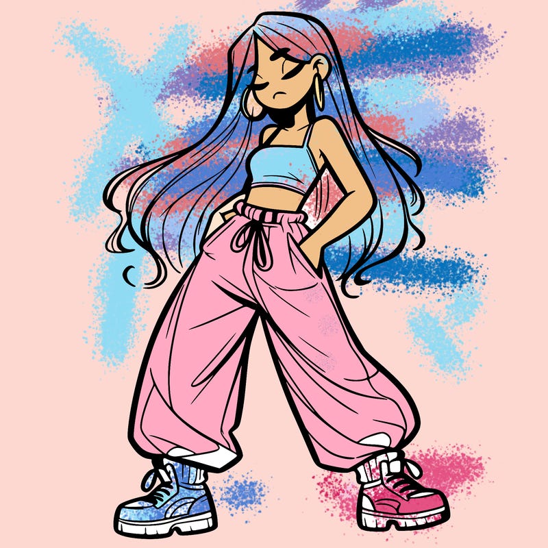 girl in baggy pants crop top and long hair