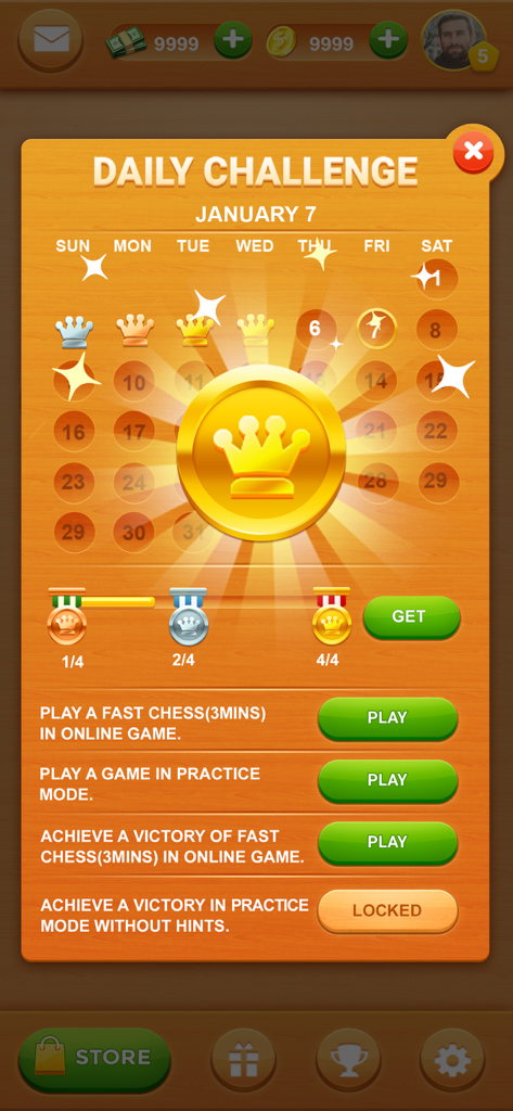 Chess Online: Learn & Win - Tägliche Herausforderungsbildschirm der Schach Online-App mit Kalender, Belohnungen und Aufgabenliste